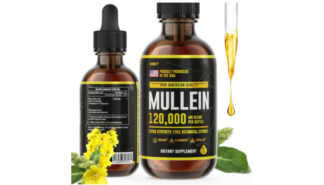 Two bottles of HERBIFY Mullein dietary supplement with a dropper and yellow flowers.