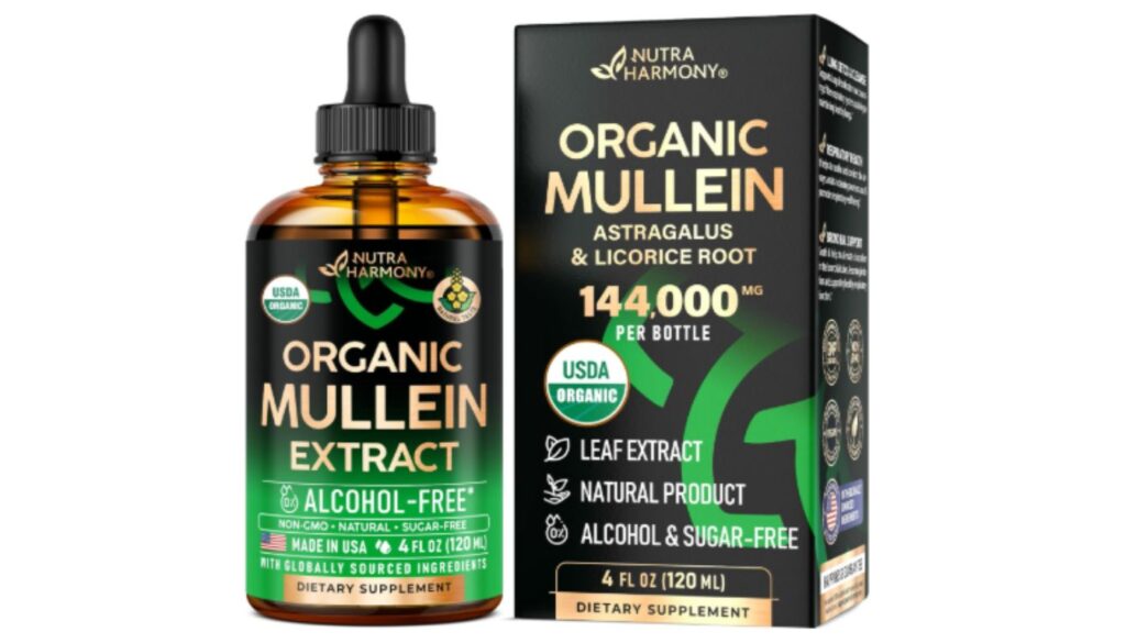 A bottle and box of Nutra Harmony Organic Mullein Extract, featuring 144,000 mg per bottle, with astragalus and licorice root, labeled as alcohol-free, non-GMO, natural, and sugar-free.
