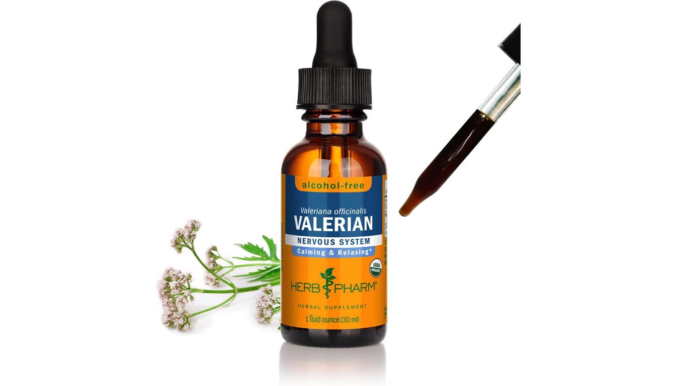 A bottle of Herb Pharm Valerian Root Liquid Extract with a dropper on a wooden surface.