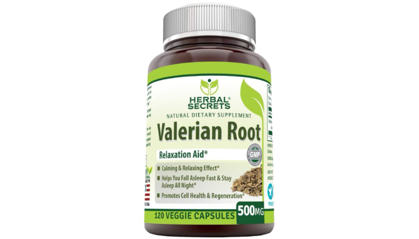 A bottle of Herbal Secrets Valerian Root dietary supplement, containing 120 veggie capsules of 500mg each.