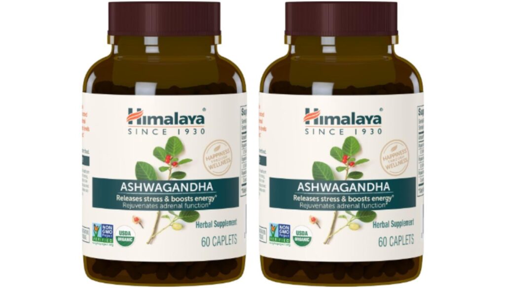 Two bottles of Himalaya Organic Ashwagandha herbal supplement, each containing 60 caplets, with labels highlighting stress relief, energy boost, and adrenal function rejuvenation.