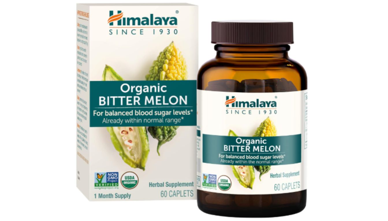 A bottle and box of Himalaya Organic Bitter Melon caplets, a herbal supplement for balanced blood sugar levels.