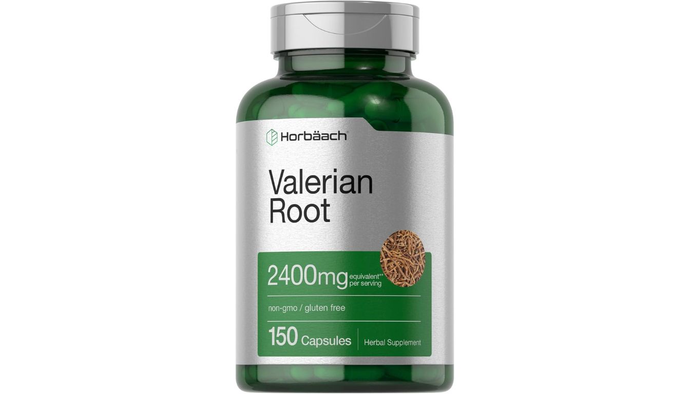 A green bottle of Horbäch Valerian Root supplement with a silver label, containing 150 capsules and providing 2400mg equivalent per serving.