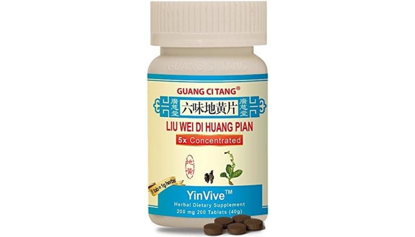 A bottle of Guang Ci Tang Liu Wei Di Huang Pian 5x Concentrated herbal dietary supplement, labeled YinVive, containing 200 mg and 200 tablets (40g).