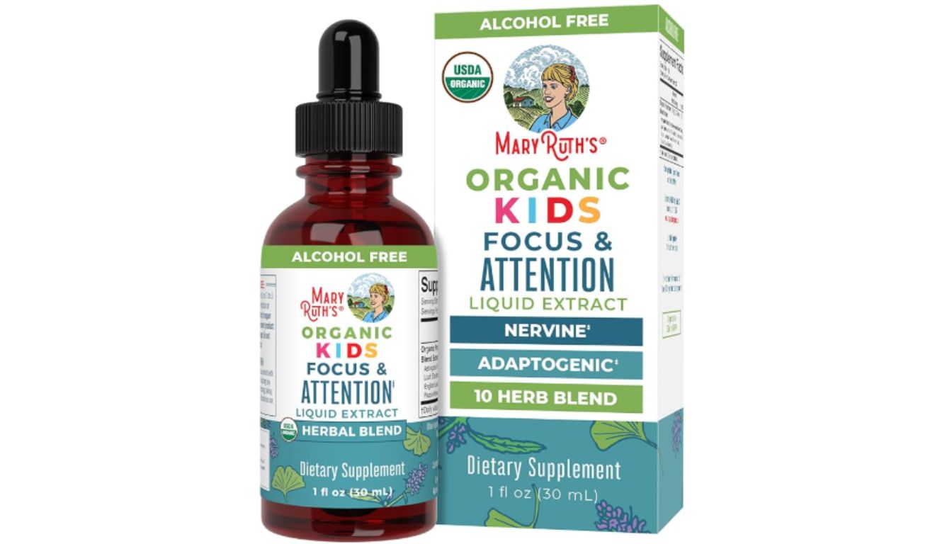 A bottle and box of MaryRuth's Organic Kids Focus & Attention Liquid Extract dietary supplement.