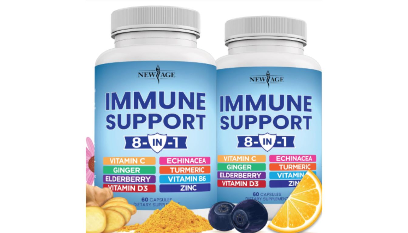 Two bottles of NEW AGE Immune Support 8-in-1 dietary supplement capsules, featuring ingredients like Vitamin C, Ginger, Elderberry, Vitamin D3, Echinacea, Turmeric, Vitamin B6, and Zinc.