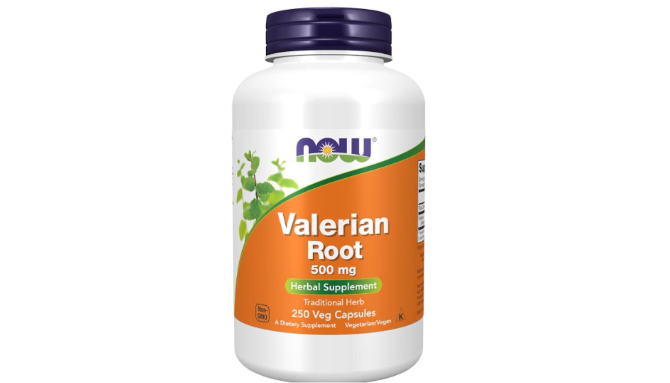 A bottle of NOW Foods Valerian Root 500 mg herbal supplement.