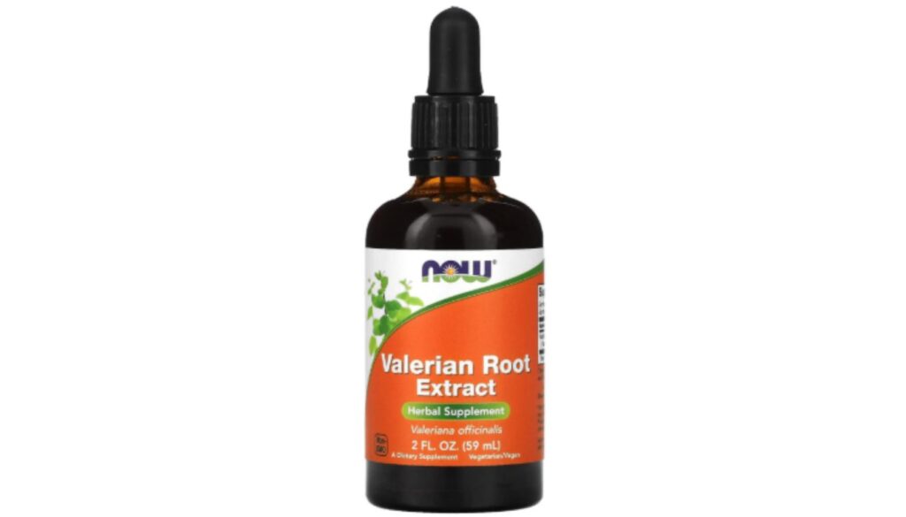 A bottle of NOW Foods Valerian Root Extract with a dropper cap.