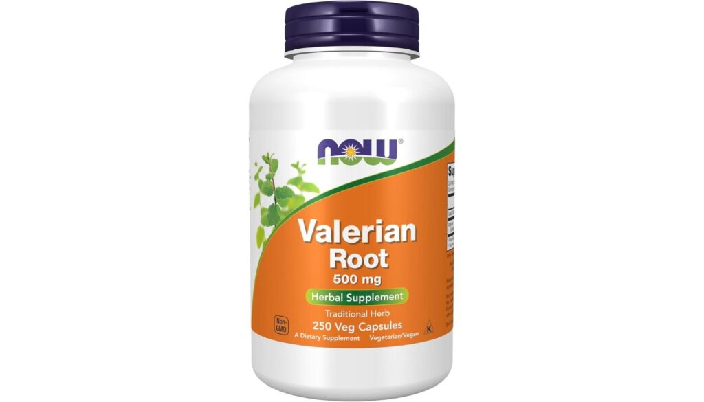 A bottle of NOW Foods Valerian Root herbal supplement with 250 vegetarian capsules, 500 mg each.