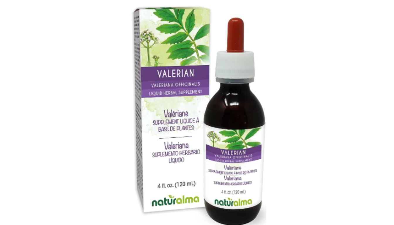 A bottle and box of Naturalma Valerian Root Alcohol-Free Tincture, a liquid herbal supplement.