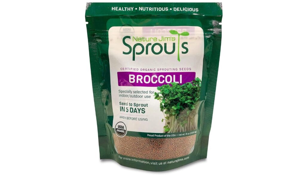 A package of Nature Jim's Sprouts Certified Organic Broccoli Sprouting Seeds.