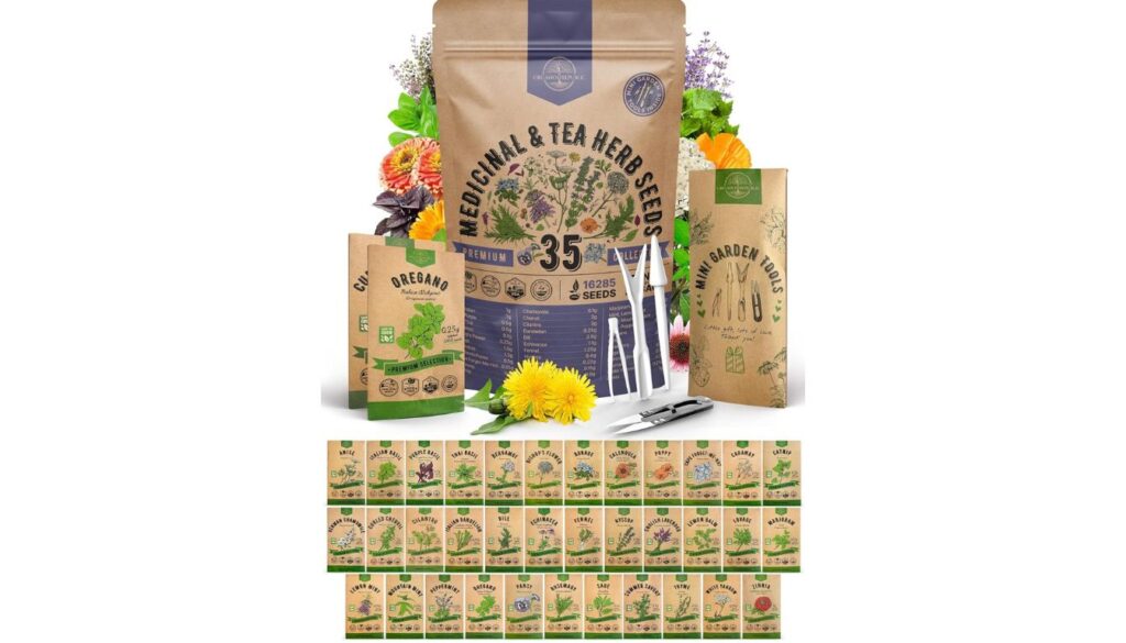 Natures Blossom Herbal Seeds Variety Pack featuring 35 medicinal and tea herb seed packets with gardening tools and packaging.