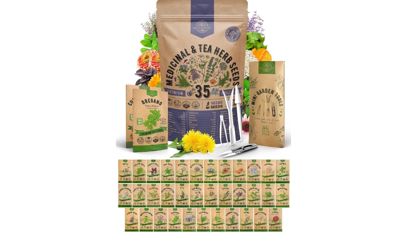 Natures Blossom Herbal Seeds Variety Pack featuring 35 medicinal and tea herb seed packets with gardening tools and packaging.
