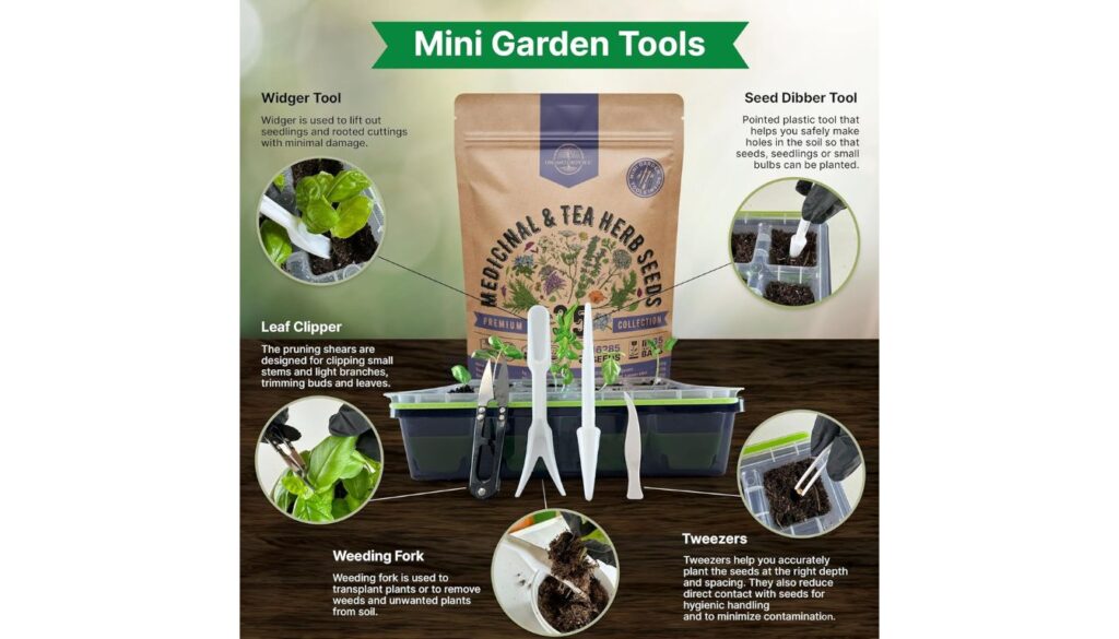 Mini garden tools included with the Medicinal & Tea Herb Seeds pack: widger tool, seed dibber tool, leaf clipper, weeding fork, and tweezers, shown with usage examples for planting, trimming, and transplanting.