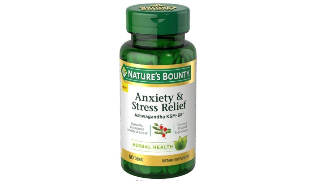 A bottle of Nature's Bounty Anxiety & Stress Relief Ashwagandha KSM-66 tablets.