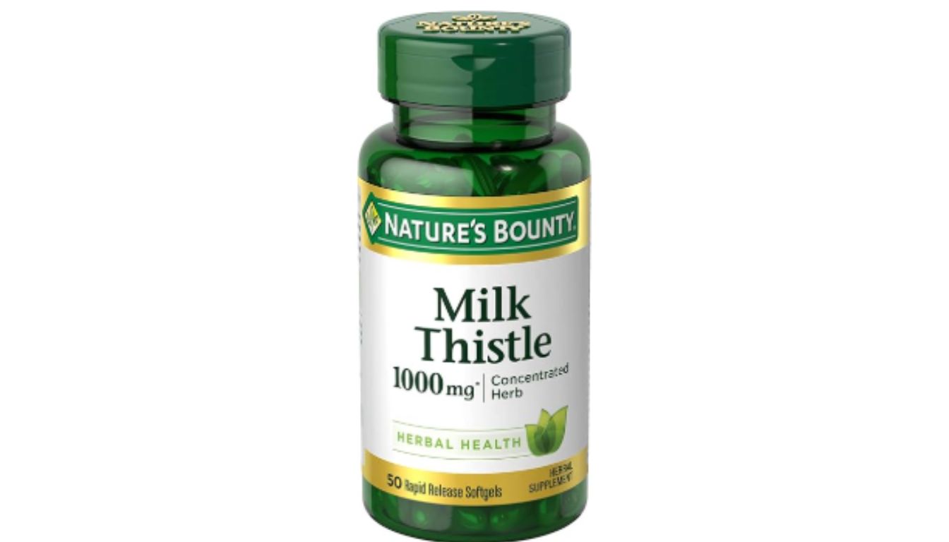 A green bottle of Nature's Bounty Milk Thistle 1000 mg Concentrated Herb supplement with 50 rapid release softgels.