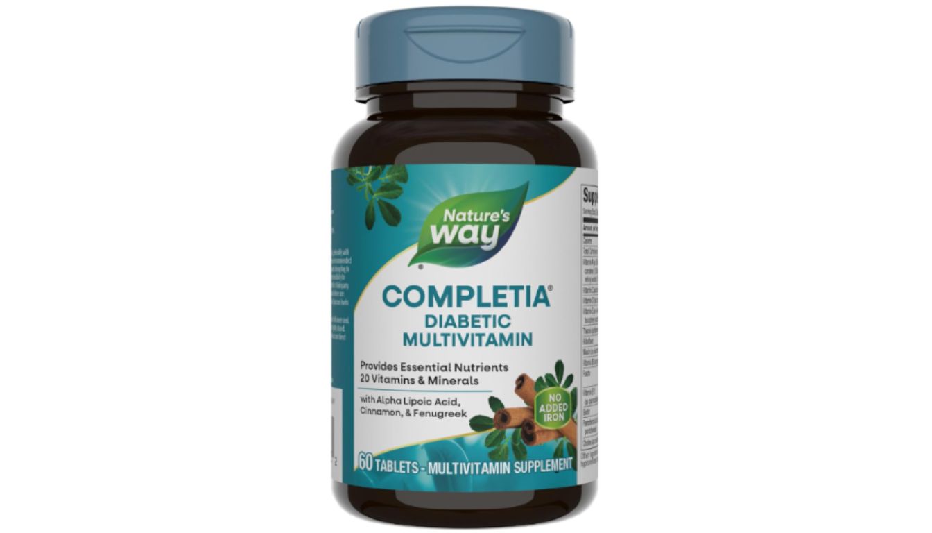 A bottle of Nature's Way Completia Diabetic Multivitamin with a blue cap and label, containing 60 tablets.