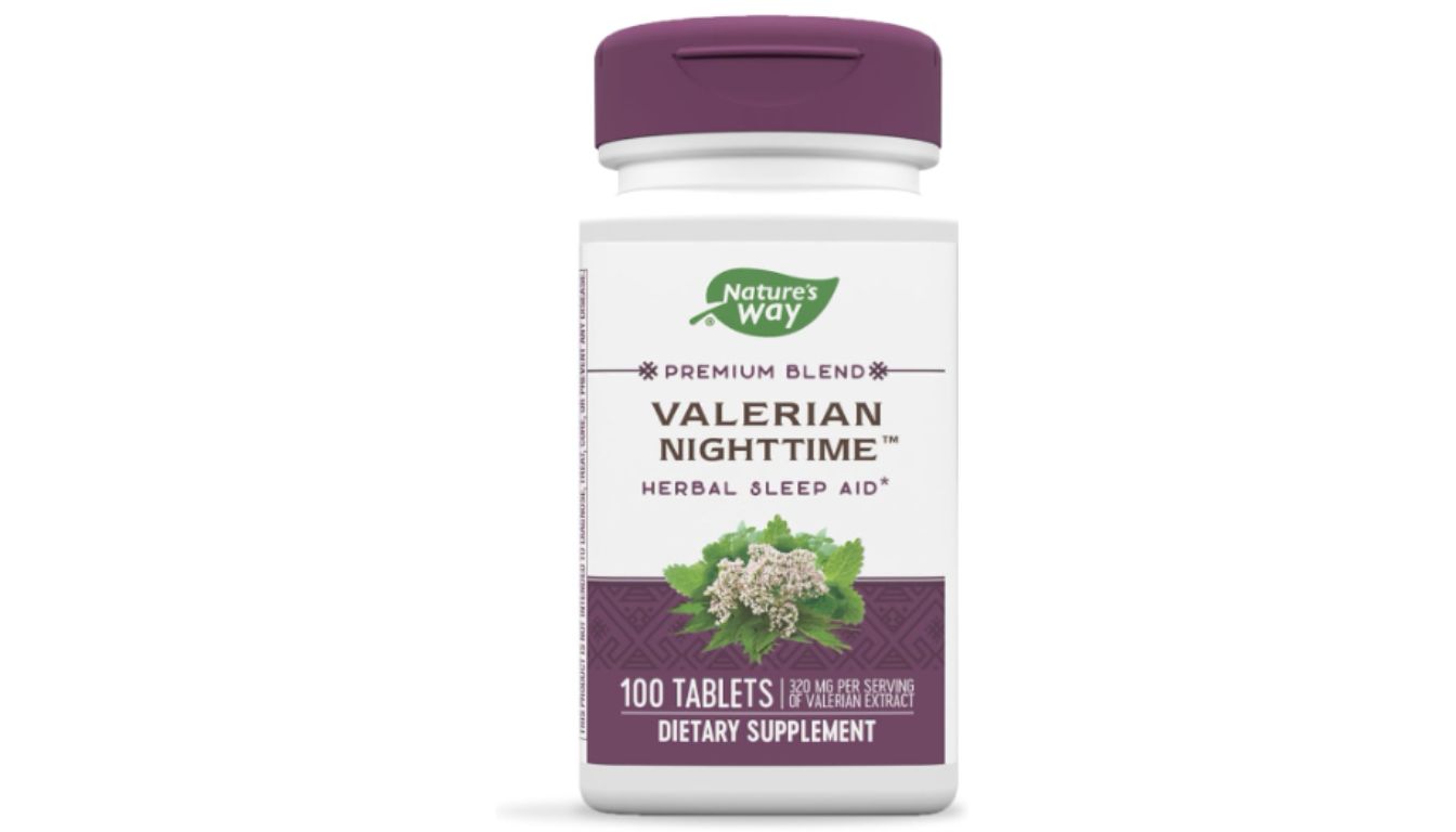 A bottle of Nature's Way Valerian Nighttime herbal sleep aid dietary supplement with 100 tablets.