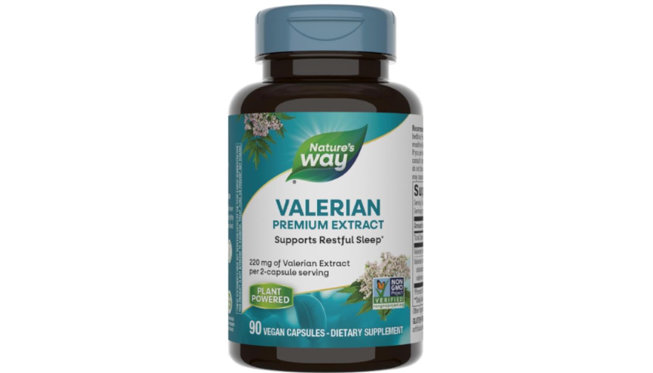 A bottle of Nature's Way Valerian Premium Extract dietary supplement.