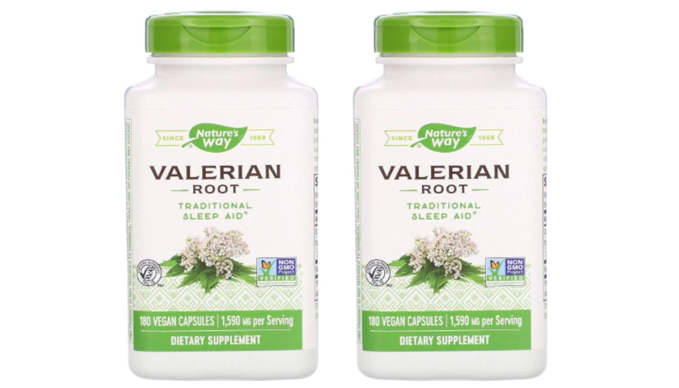 Two bottles of Nature's Way Valerian Root dietary supplement, each containing 180 vegan capsules with 1,590 mg per serving, labeled as a traditional sleep aid.