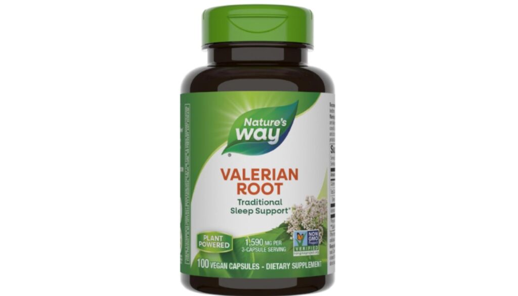 A bottle of Nature's Way Valerian Root dietary supplement with a green cap and label, containing 100 vegan capsules for traditional sleep support.