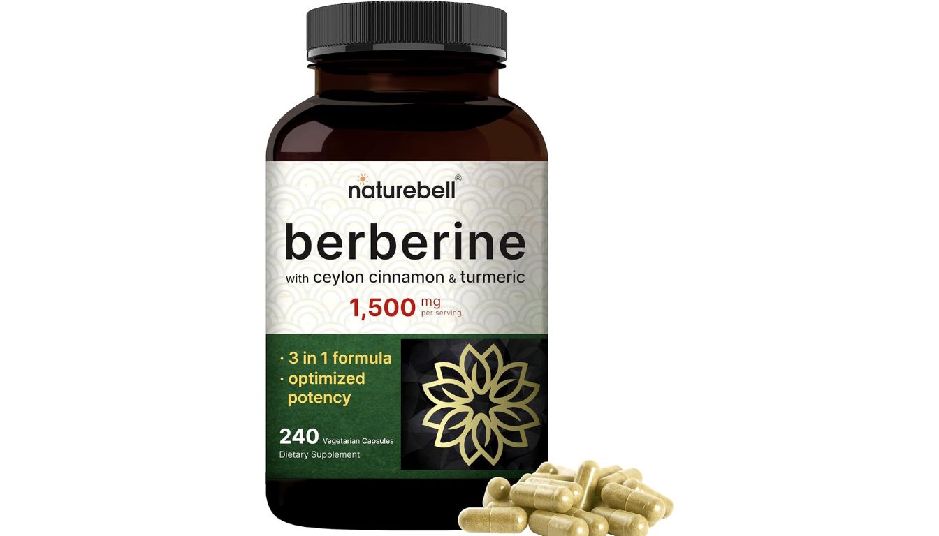 A bottle of NutriFlair Berberine Supplement with 1500 mg per serving, containing 240 vegetarian capsules. The bottle is dark brown with a black cap, and a few capsules are displayed in front of it.