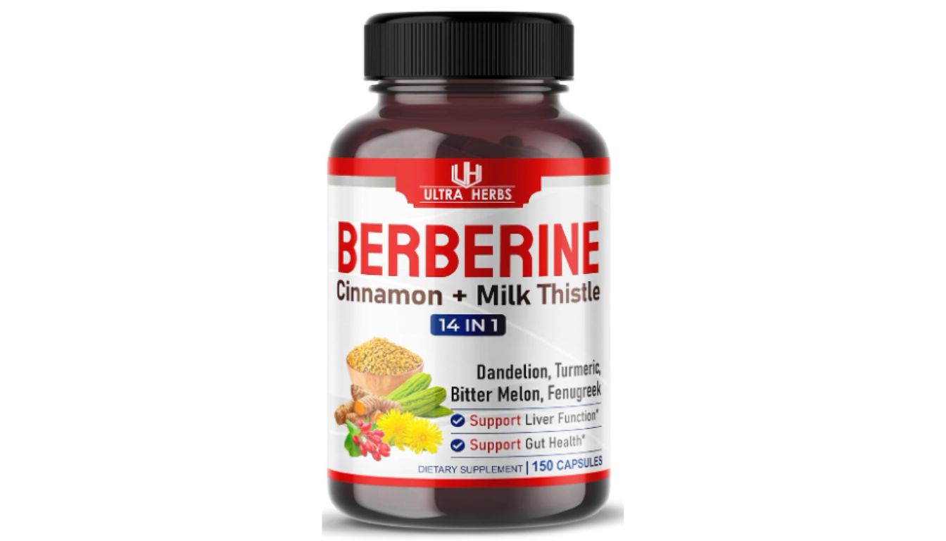 A bottle of Ultra Herbs Berberine dietary supplement with 150 capsules, containing cinnamon, milk thistle, dandelion, turmeric, bitter melon, and fenugreek.