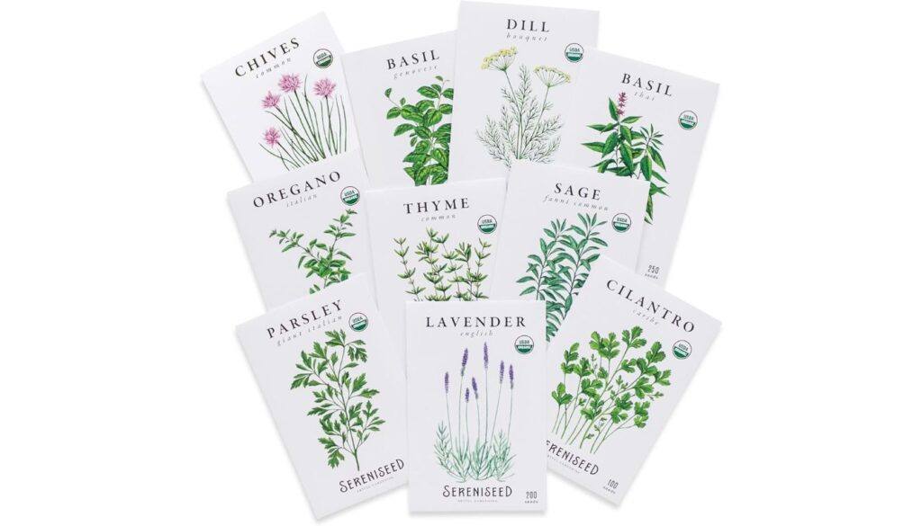 A collection of ten packets of organic herb seeds arranged in a fan shape.