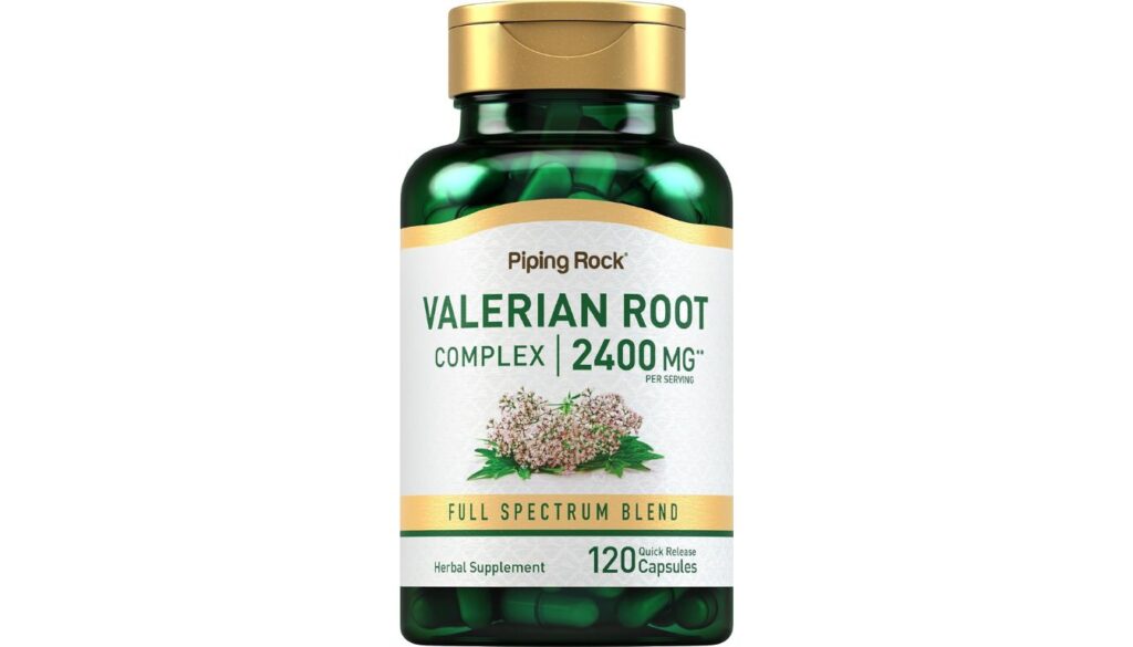 A bottle of Piping Rock Valerian Root Extract Capsules with a purple cap and label on a white background.