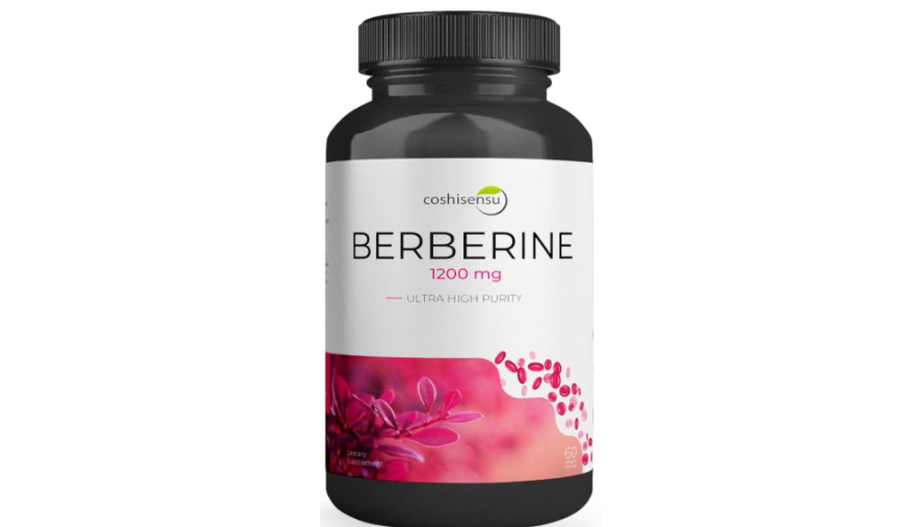 A bottle of Coshisensu Berberine 1200 mg dietary supplement with a black cap and a white label featuring pink and red botanical imagery.