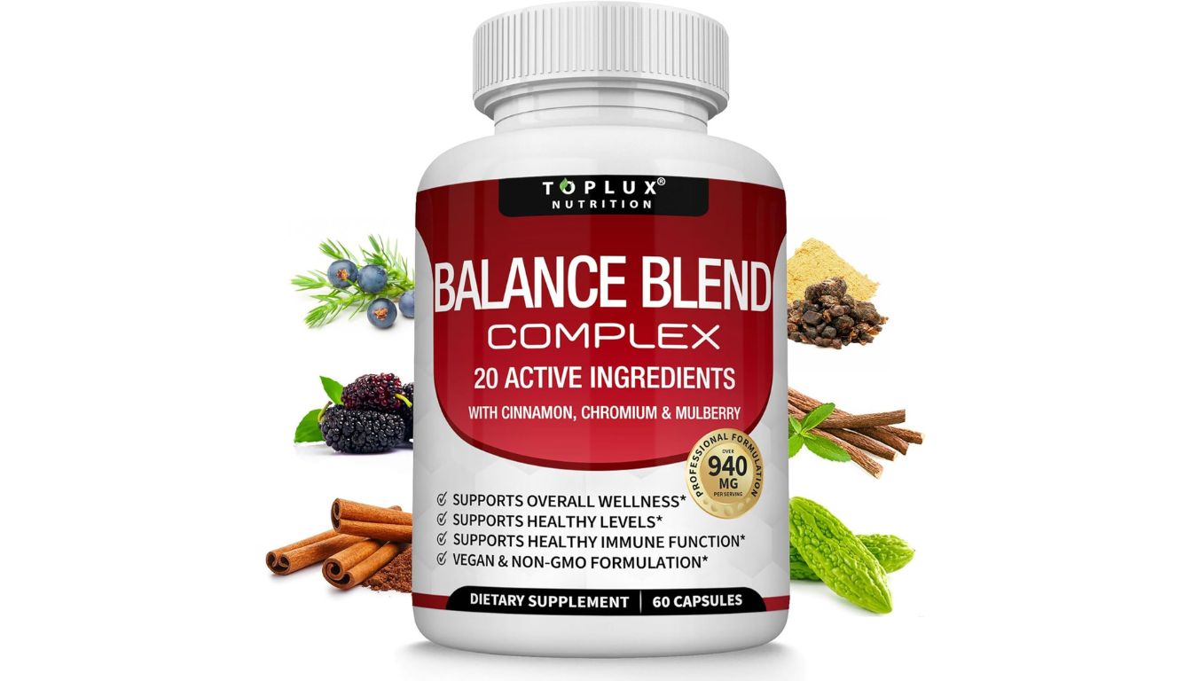 A bottle of dietary supplement labeled 'Premium Natural Complex,' featuring a blend of natural ingredients and surrounded by fresh herbs and plants.