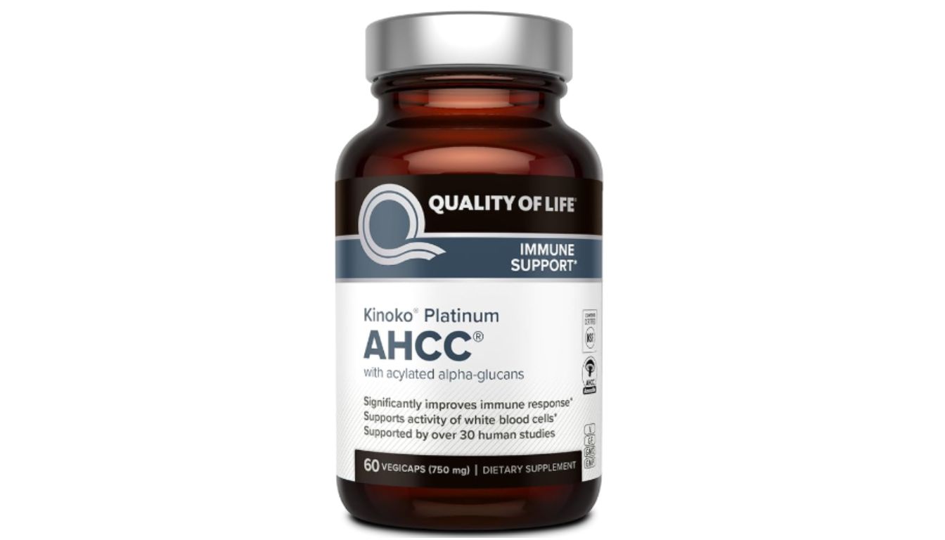 A bottle of Quality of Life Kinoko Platinum AHCC dietary supplement.