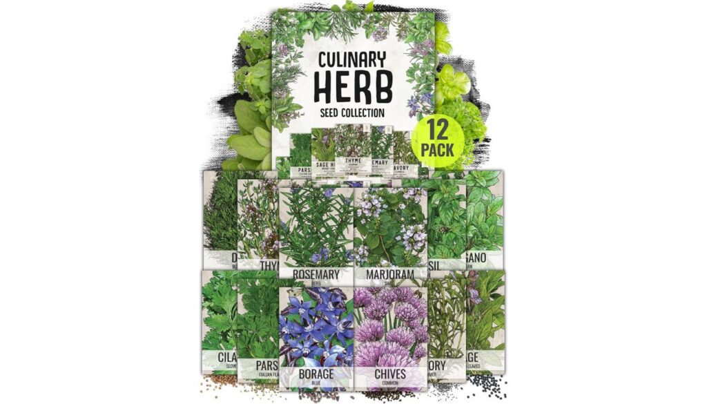 A variety pack of culinary herb seeds featuring 12 different types of herbs, including sage, thyme, rosemary, marjoram, basil, oregano, dill, parsley, cilantro, borage, chives, and savory.