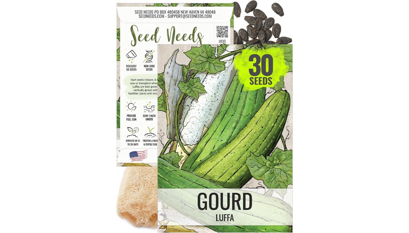 A packet of Seed Needs Luffa Gourd seeds with illustrations of green and white luffa gourds, and a small pile of black seeds spilling out from the top.