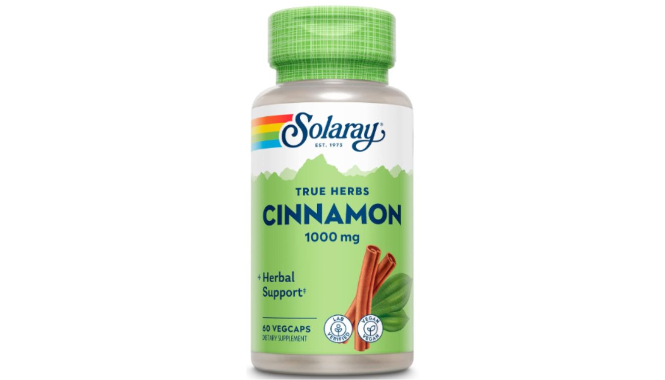 A bottle of Solaray True Herbs Cinnamon 1000 mg dietary supplement with 60 vegcaps.