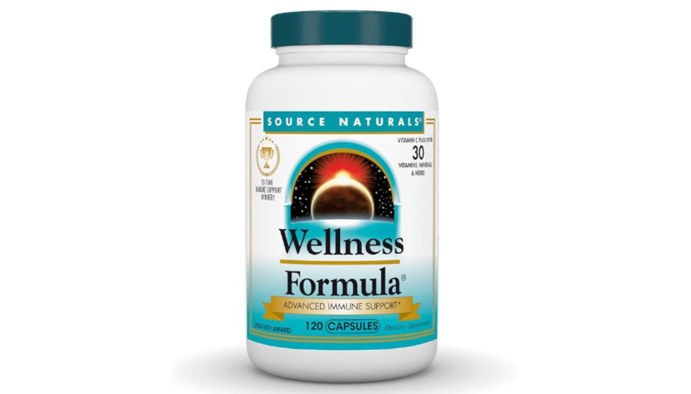 A bottle of Source Naturals Wellness Formula dietary supplement with 120 capsules for advanced immune support.