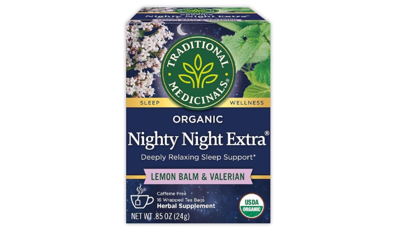 Box of Traditional Medicinals Organic Nighty Night Extra Tea with Lemon Balm and Valerian.