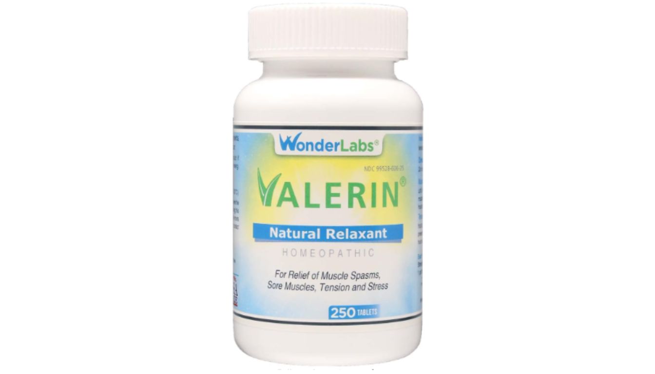 A bottle of WonderLabs Valerin Natural Relaxant homeopathic tablets.