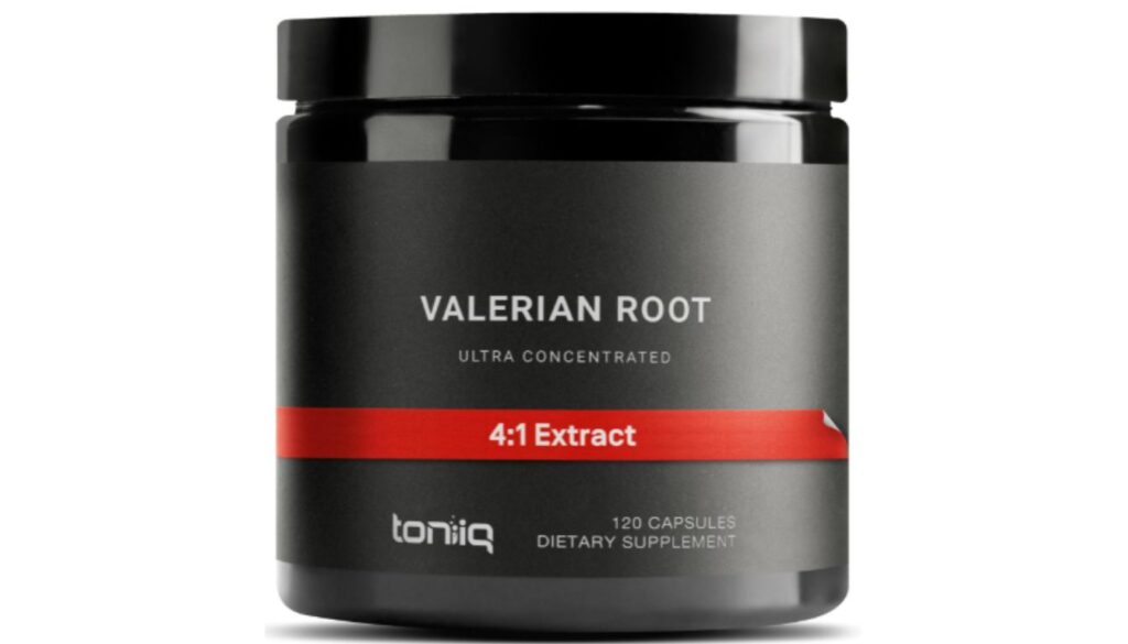 A black jar labeled "Valerian Root Ultra Concentrated 4:1 Extract" by Toniiq, containing 120 capsules of dietary supplement.