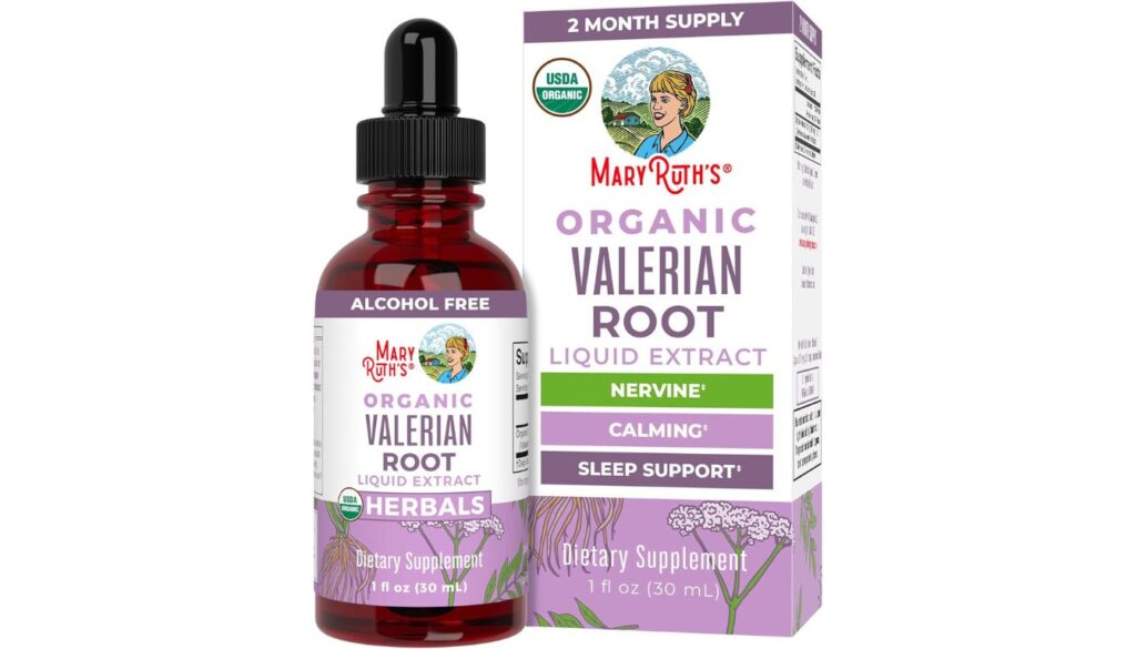A bottle of MaryRuth's Organic Valerian Root Liquid Extract dietary supplement, labeled as alcohol-free and USDA organic, with claims of nervine, calming, and sleep support benefits.