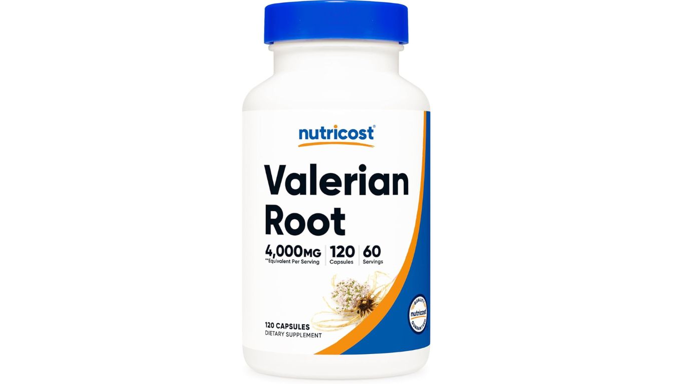 A bottle of Nutricost Valerian Root dietary supplement with a blue cap and white label, containing 120 capsules.