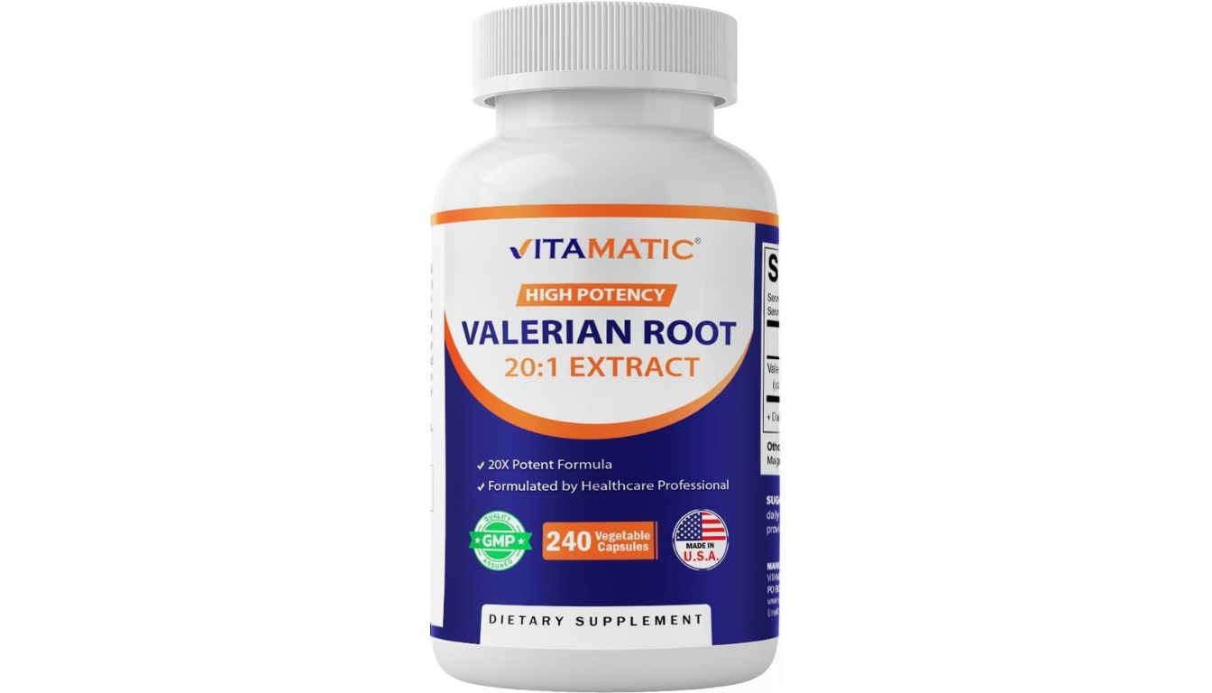 A bottle of Vitamatic High Potency Valerian Root 20:1 Extract dietary supplement containing 240 vegetable capsules.