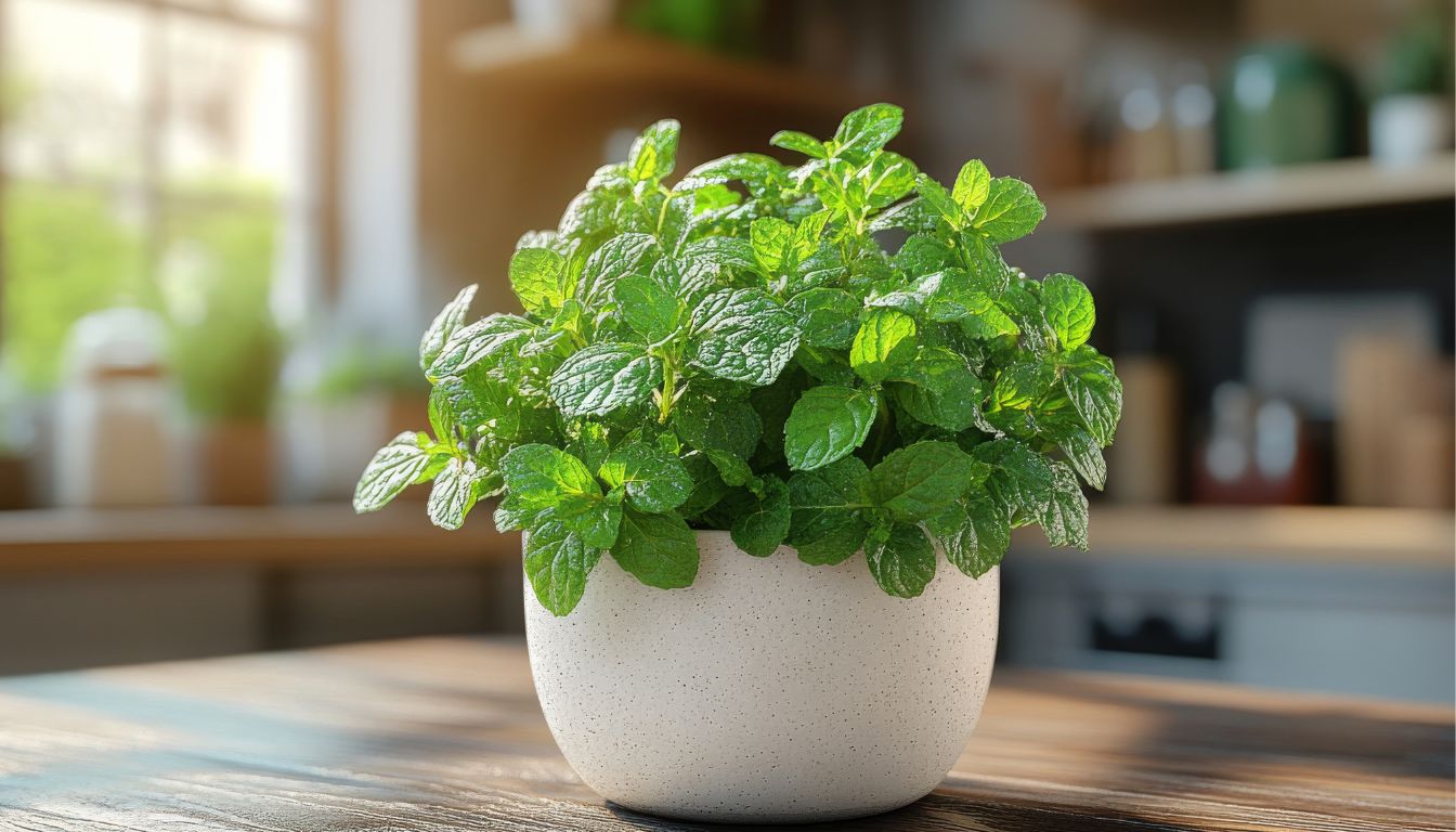 Close-up of a person watering a healthy mint plant with a watering can.