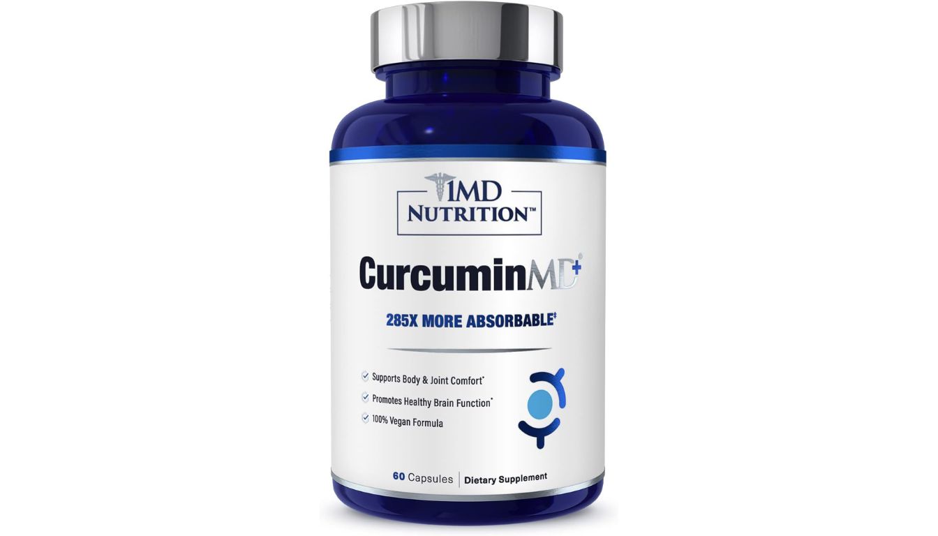 A bottle of 1MD Nutrition CurcuminMD Plus dietary supplement with a white and blue label, highlighting its advanced absorption technology and joint health benefits.