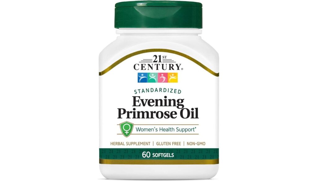 A white bottle of 21st Century Evening Primrose Oil Softgels, featuring a green cap and a label highlighting its 1300 mg formula for women's health.