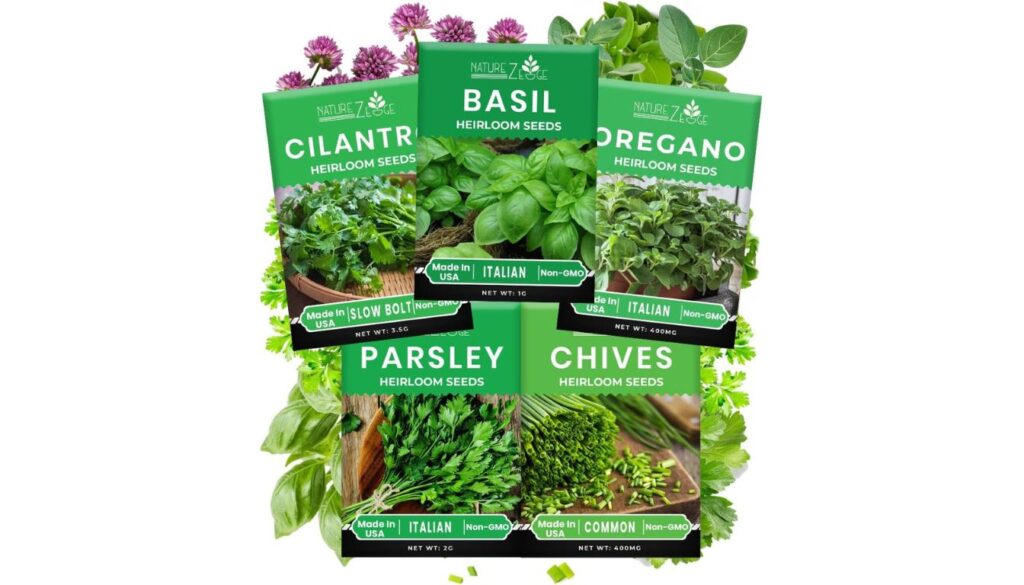Various packets of organic herb seeds neatly arranged in a variety pack.