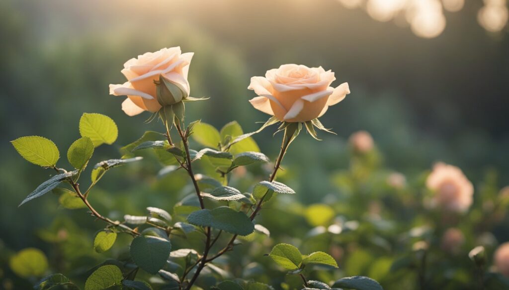 A gardener's hands pruning a rose bush, surrounded by green foliage and soft sunlight.