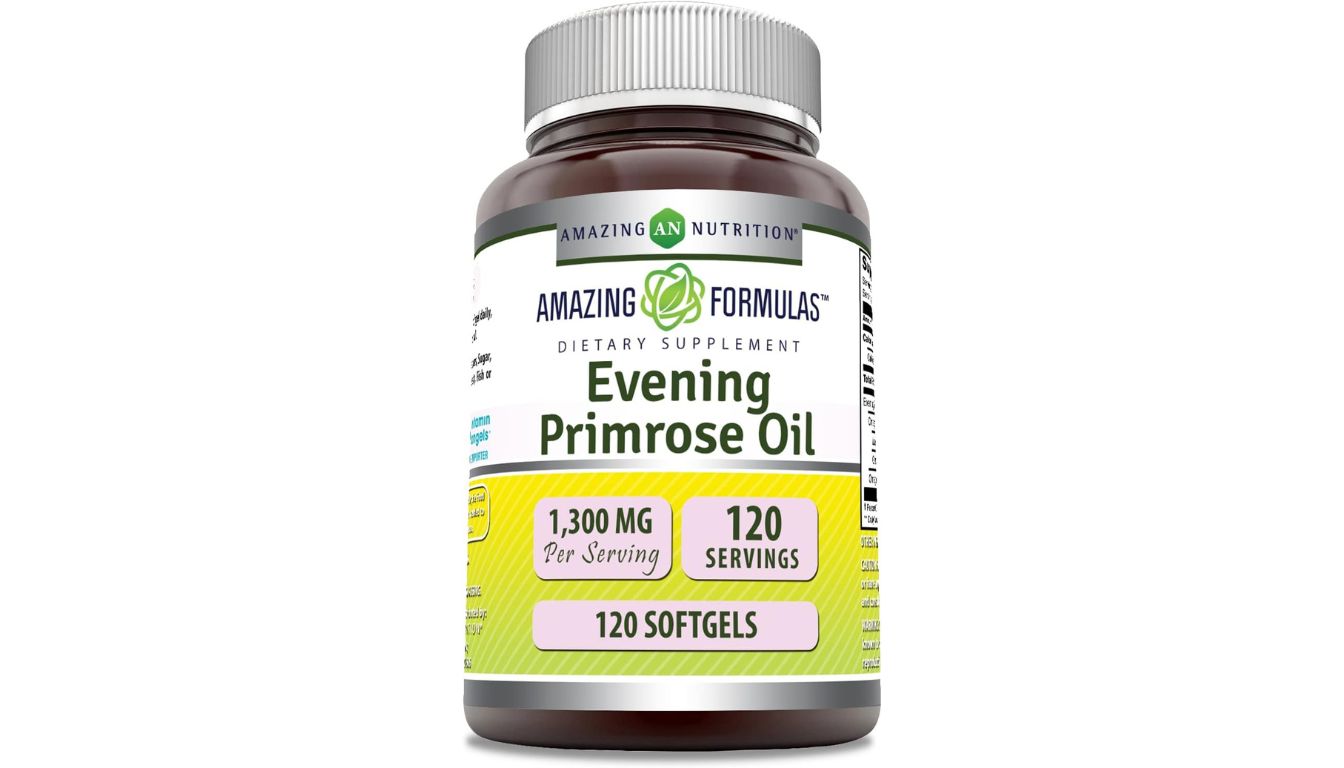 A bottle of Amazing Formulas Evening Primrose Oil dietary supplement, containing 120 softgels with 1300 mg of evening primrose oil per serving.