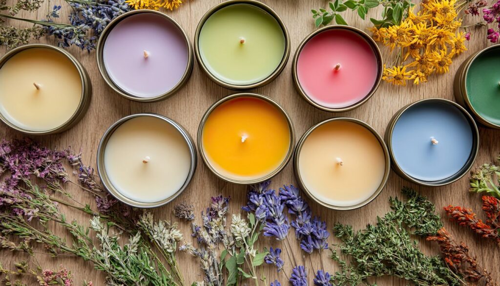 A collection of colorful candles surrounded by fresh herbs and dried flowers, creating a relaxing and natural aromatherapy setup.