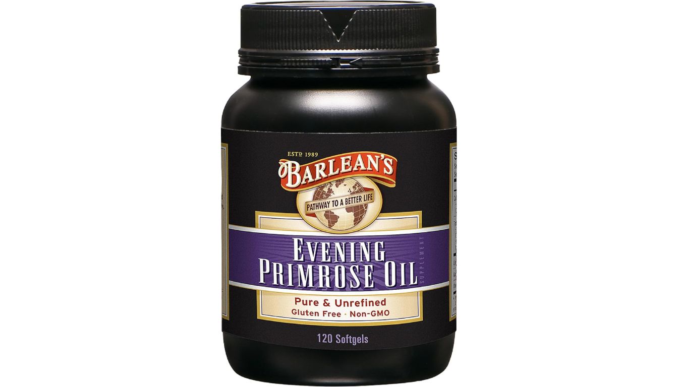 A bottle of Barlean's Evening Primrose Oil, featuring 120 softgels, labeled as pure, unrefined, gluten-free, and non-GMO.